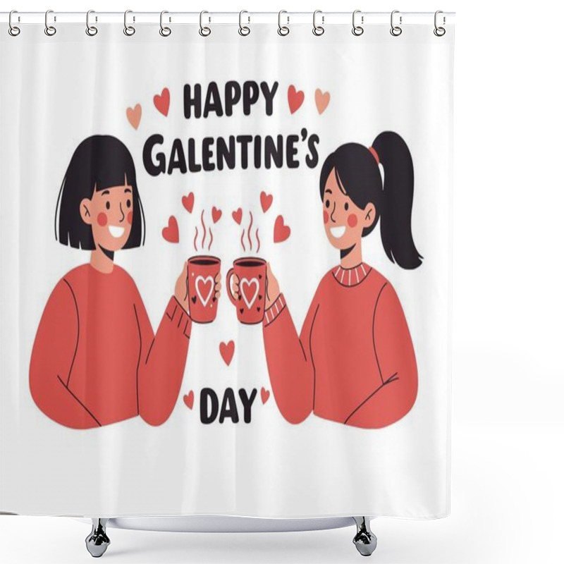 Personality  Galentine's Day Clipart.jpg. Two Friends Toasting With Heart Mugs. Celebrating Friendship. Vector Illustration Design. Shower Curtains