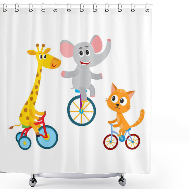 Personality  Cute Elephant, Giraffe, Cat Animal Characters Riding Unicycle, Bicycle, Tricycle Shower Curtains