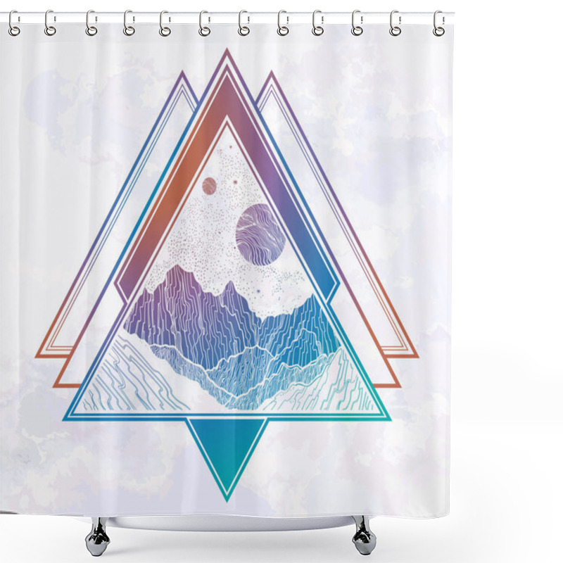 Personality  Night Sky With Mountains Landscape In The Shape Of A Triangle. Isolated Vintage Vector Illustration. Invitation. Tattoo, Travel, Adventure, Outdoors Symbol. Shower Curtains