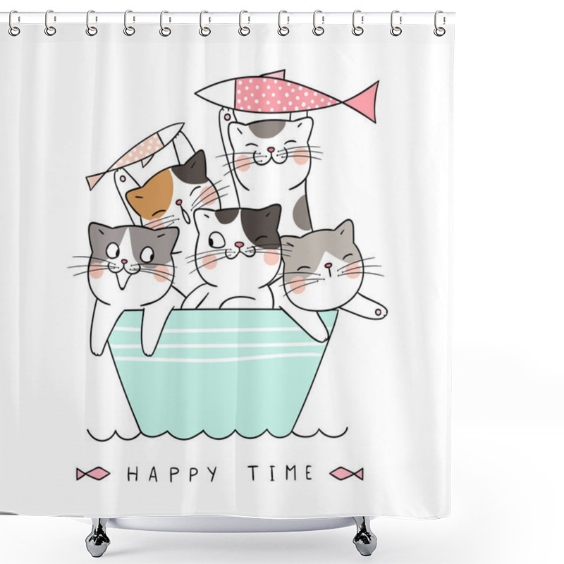 Personality  Draw Cats Holding Fish In Boat Shower Curtains