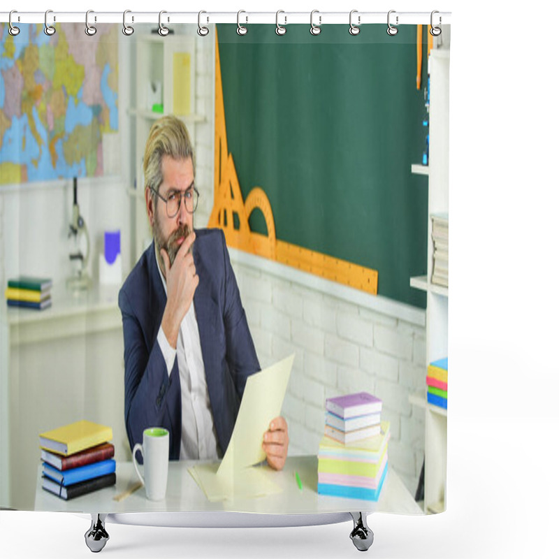 Personality  College High School. Final Examination May Be Oral Written Or Practical. Teacher Explaining Theory. Prepare For Test. Teacher Bearded Man Chalkboard Background. Teacher Work. Lecturer In Classroom Shower Curtains