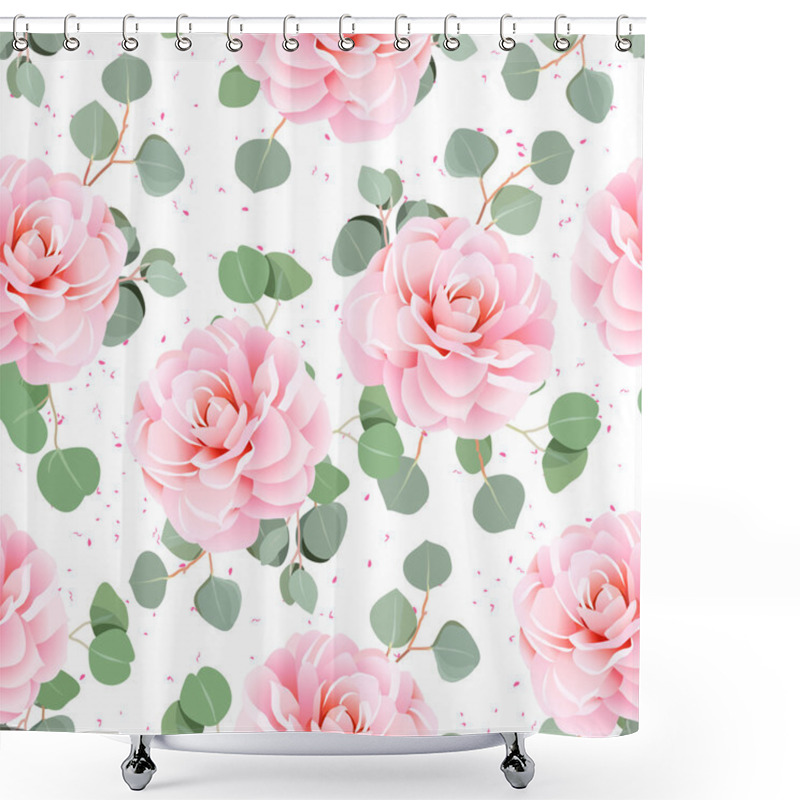 Personality  Pink Camellia And Eucaliptus Leaves Seamless Vector Pattern Shower Curtains