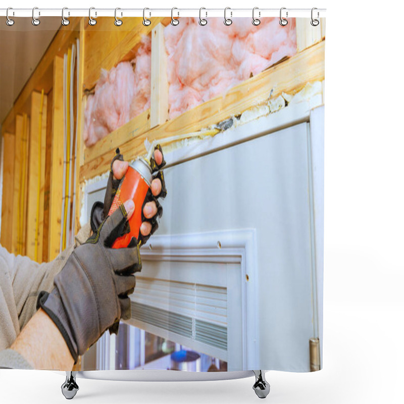 Personality  Person Applies Weatherproofing Foam Spray Around Door Frame During Home Renovation Residential Setting. Shower Curtains