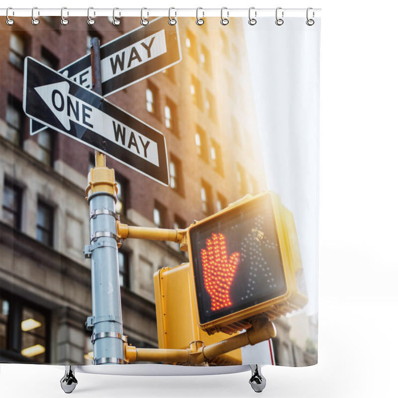 Personality  New York City Road Sign One Way With Traffic Pedestrian Light On The Street Under Sunset Light. Urban City Lifestyle Photo. Shower Curtains