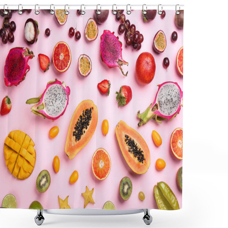 Personality  Many Different Delicious Exotic Fruits On Pink Background, Flat Lay Shower Curtains