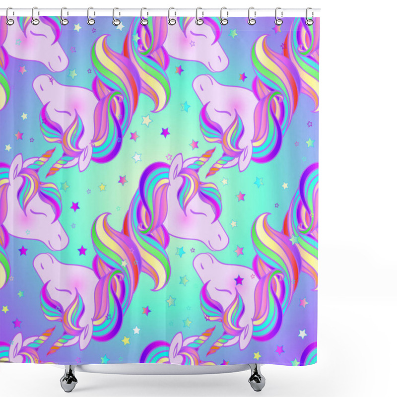 Personality  Colorful Unicorn Design. Seamless Pattern. Vector Illustration. Stickers, Pins, Patches. Halloween Pastel Colors. Cute Gothic Style Shower Curtains