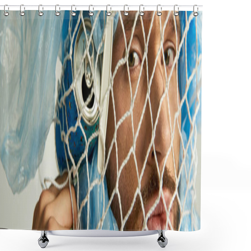 Personality  A Man's Face Is Obscured By Plastic Netting And Bags. Shower Curtains