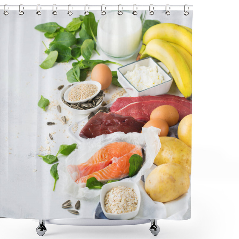 Personality  Balanced Diet Nutrition, Healthy Eating Concept. Food Sources Rich In Vitamin B6, Pyridoxine On A Kitchen Table Shower Curtains