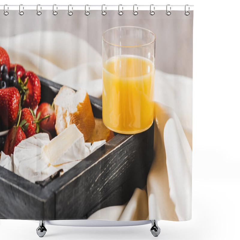 Personality  Close Up View Of French Breakfast With Camembert, Orange Juice, Berries And Baguette On Wooden Tray On Textured White Cloth Shower Curtains