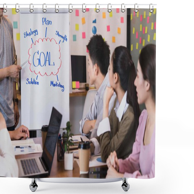 Personality  Selective Focus On Board, Young Smart Asian Business Group Meeting Teamwork Colleagues At The Modern Design Office Presenting Sales Strategy Plan And Data Or Forecast For A Project Goal Schedule Shower Curtains