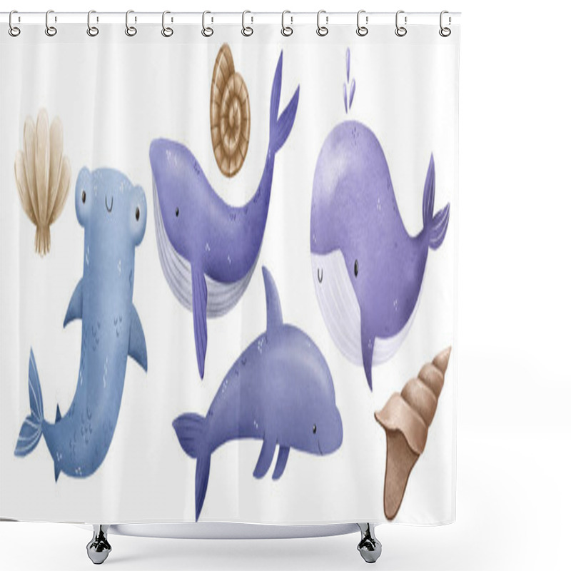 Personality  Marine Set With Big Sea Fishes. Underwater World With Whale, Shark And Dolphin. Children's Hand Drawn Illustration On Isolated Backgroun Shower Curtains