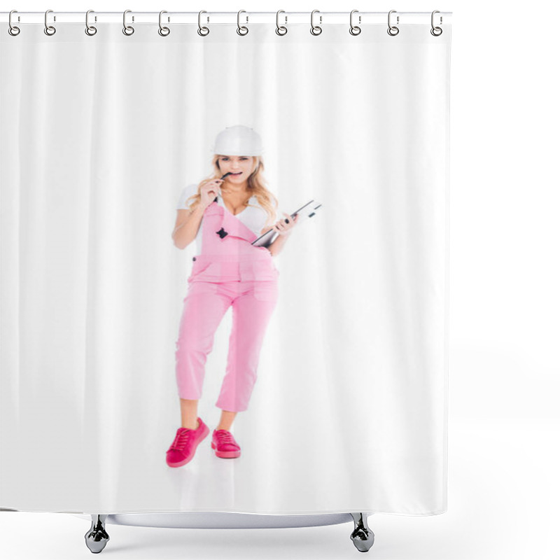 Personality  Handy Woman In Pink Overalls, Hardhat With Paper Clipboard Pen On White Background Shower Curtains