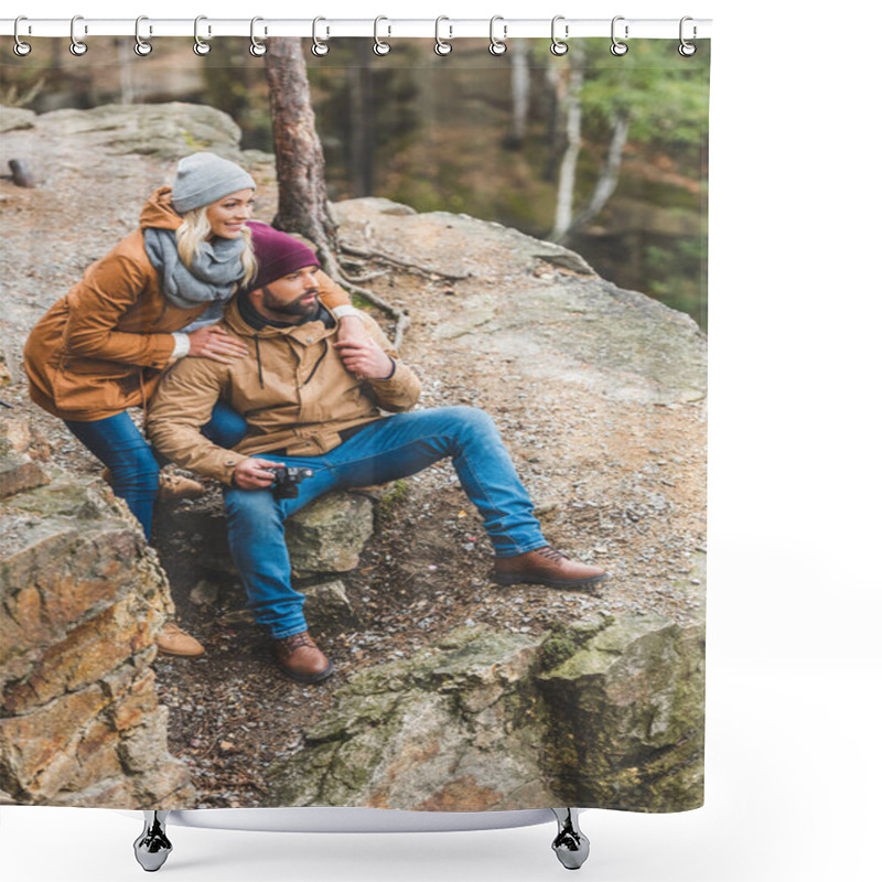 Personality  Smiling Couple In Autumn Forest Shower Curtains