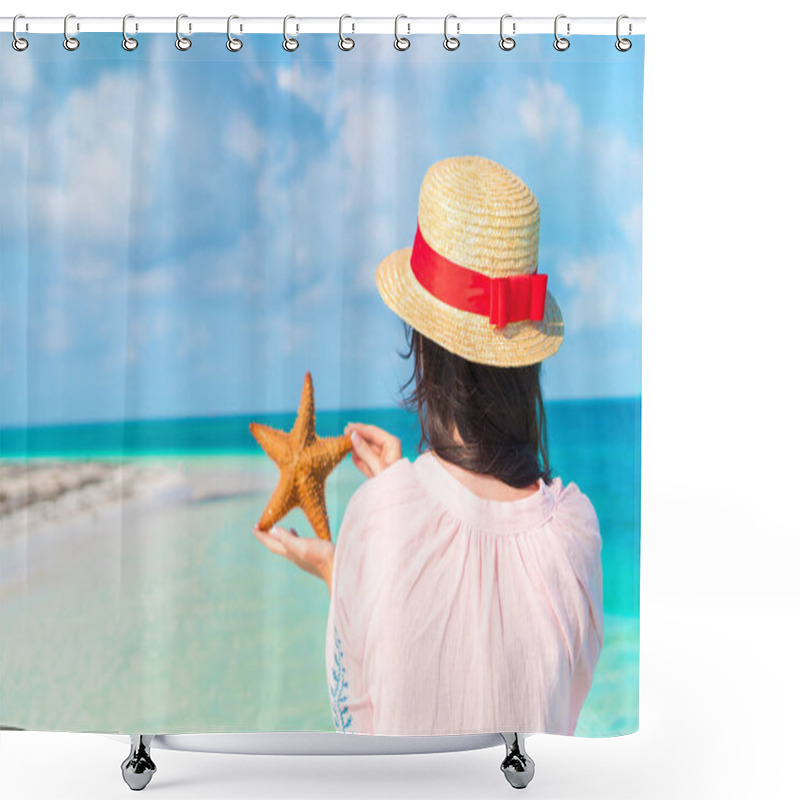 Personality  Happy Young Woman With Starfish On White Beach In The Nature Reserve Shower Curtains