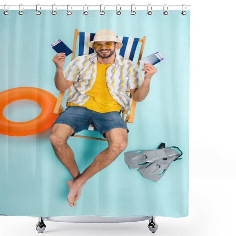 Personality  High Angle View Of Smiling Man In Sunglasses Holding Passports Near Swimming Flippers And Inflatable Ring On Blue Background  Shower Curtains