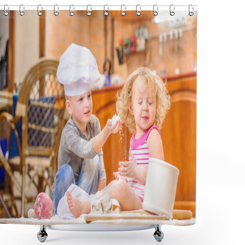 Personality  Two Siblings - Boy And Girl - In Chef's Hats Sitting On The Kitc Shower Curtains