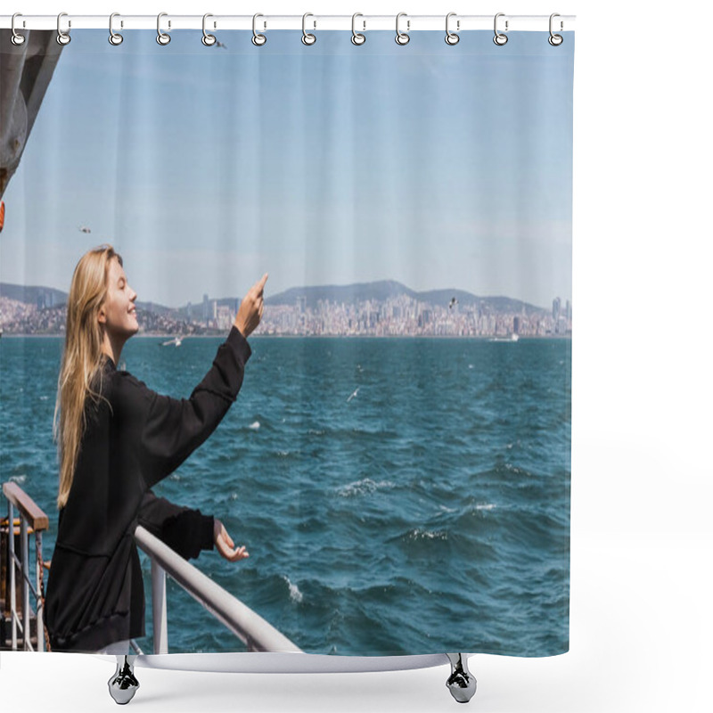 Personality  Happy Woman In Black Sweater Gesturing And Looking At Sea From Ferry Boat Crossing Bosphorus Strait Shower Curtains