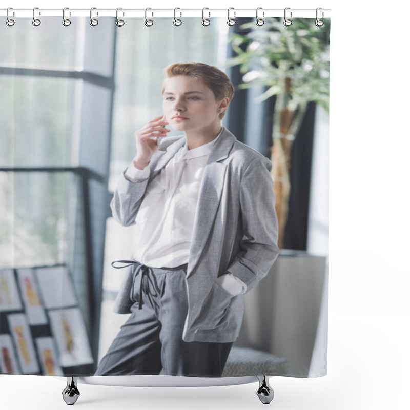 Personality  Beautiful Young Fashion Designer Talking By Phone At Office Shower Curtains