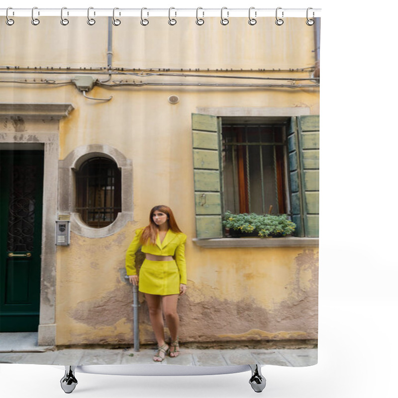 Personality  Young And Trendy Woman In Yellow Standing Near Venetian Building With Flowers On Window Shower Curtains