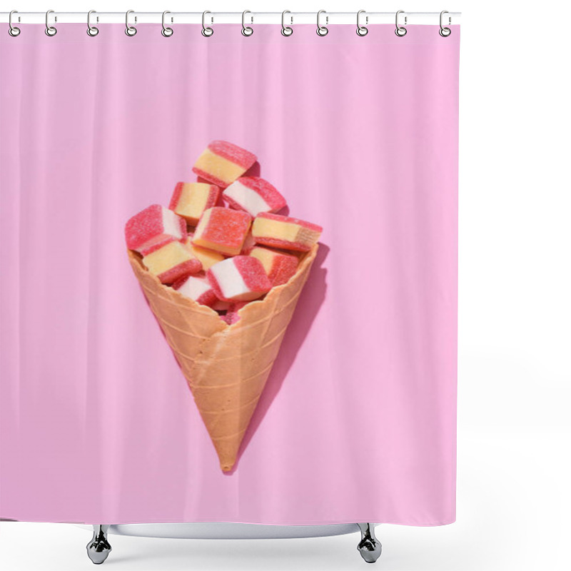 Personality  Top View Of Delicious Gummy Candies In Waffle Cone On Pink Shower Curtains