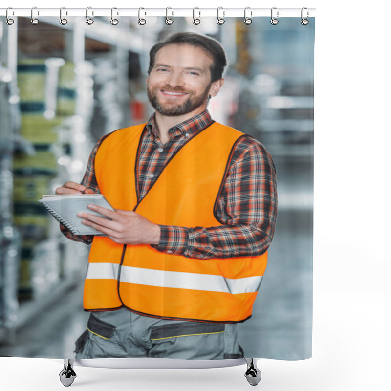 Personality  Smiling Worker In Safety Vest Writing In Notepad In Storehouse Shower Curtains