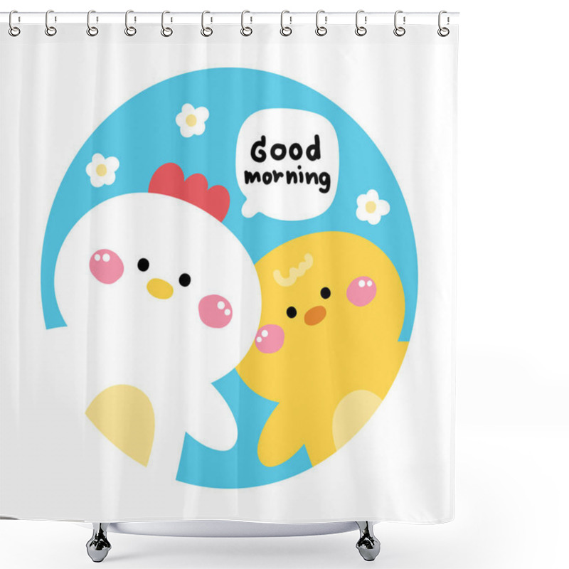 Personality  Cute Hen And Chicken Say Good Morning With Flower Background Picture Screen On Brooch Pin.Farm Bird Animal Character Cartoon Design.Kawaii.Vector.Illustration. Shower Curtains