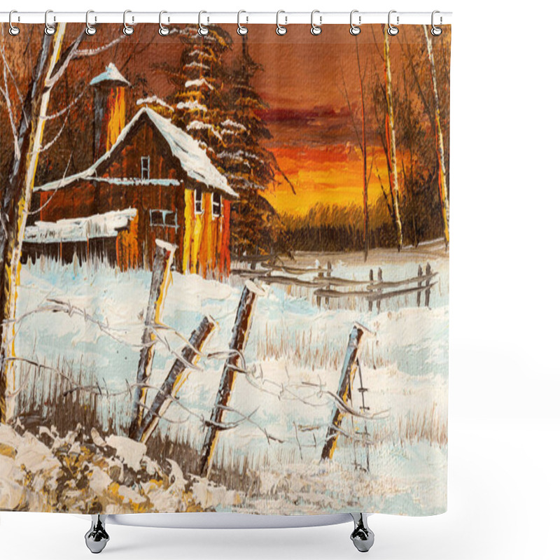 Personality  Fragment Of Oil Painting Of An Old Barn House At Sunset Winter Landscape. Christmas Holiday Concept. Shower Curtains