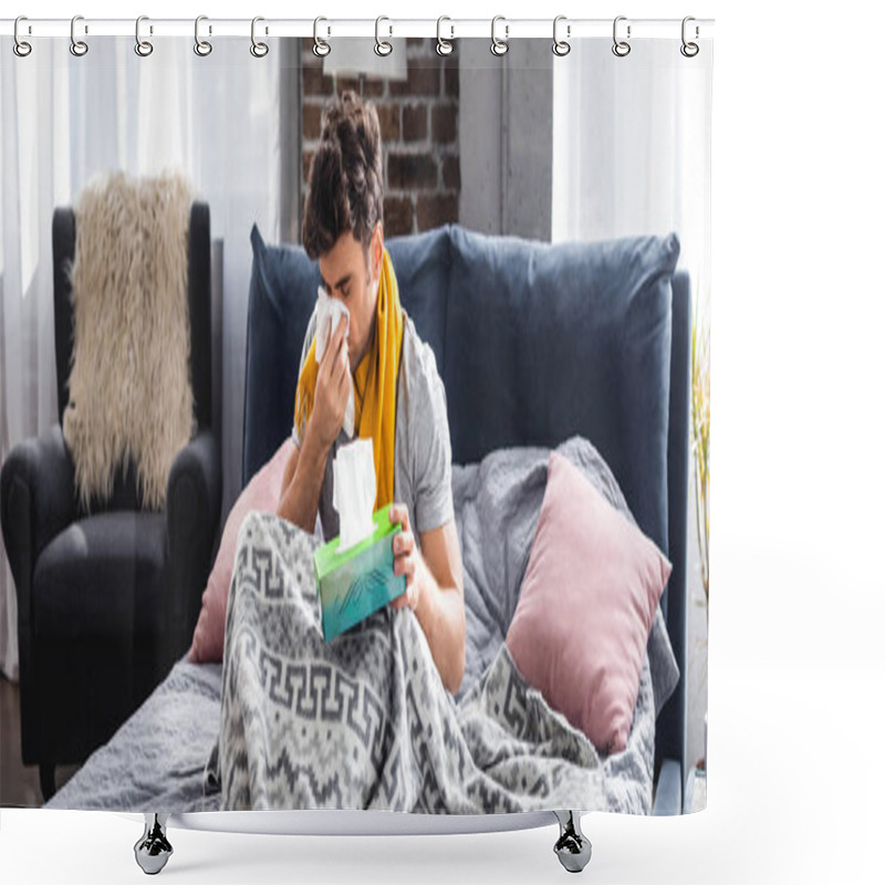 Personality  Panoramic Shot Of Sick Man In Scarf Sneezing And Holding Napkin  Shower Curtains