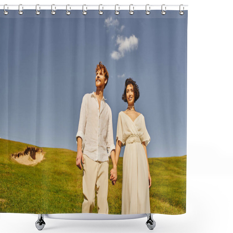 Personality  Young, Carefree Interracial Newlyweds Holding Hands In Green Field Under Blue Sky, Scenic Landscape Shower Curtains