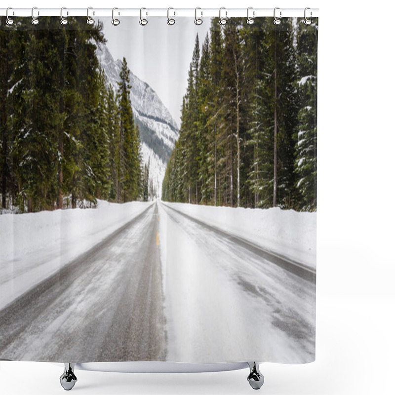 Personality  Empty Icy Forest Road In A Mountain Landscape On A Cloudy Winter Day. Dangerous Driving Conditions. Banff National Park, AB, Canada Shower Curtains