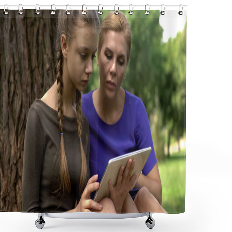 Personality  Mom And Daughter Reviewing College Programs On Tablet To Apply, Online Services Shower Curtains