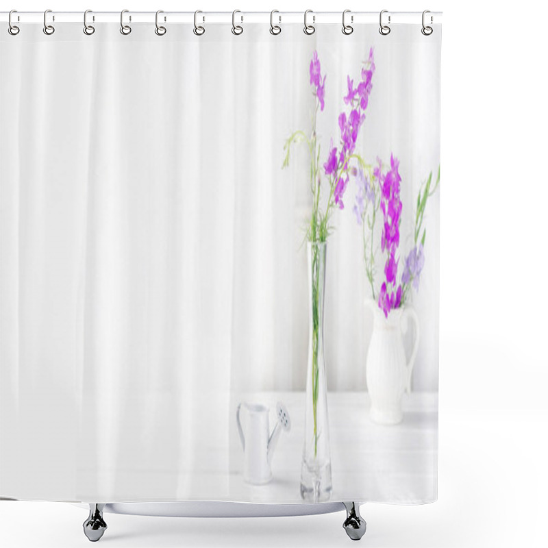 Personality  Purple Wildflowers In A Glass Vase In A White Interior Shower Curtains