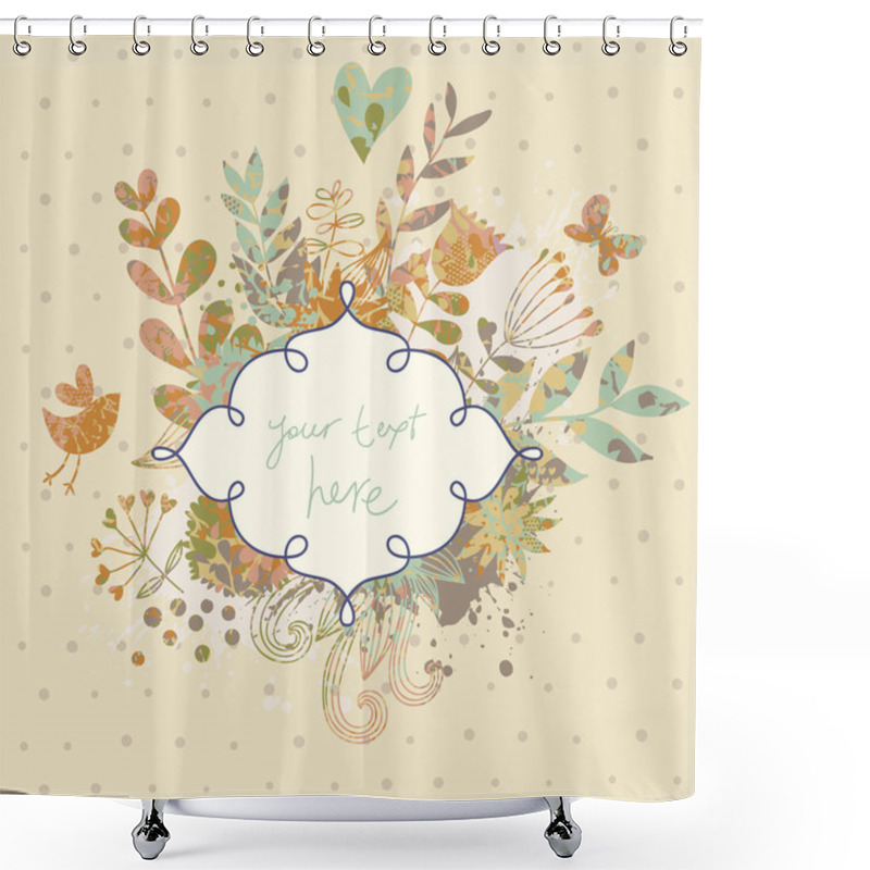 Personality  Vintage Card In Vector Made Of Flowers And Butterflies. Retro Floral Composition With A Textbox. Stylish Background In Ocher Colors Shower Curtains