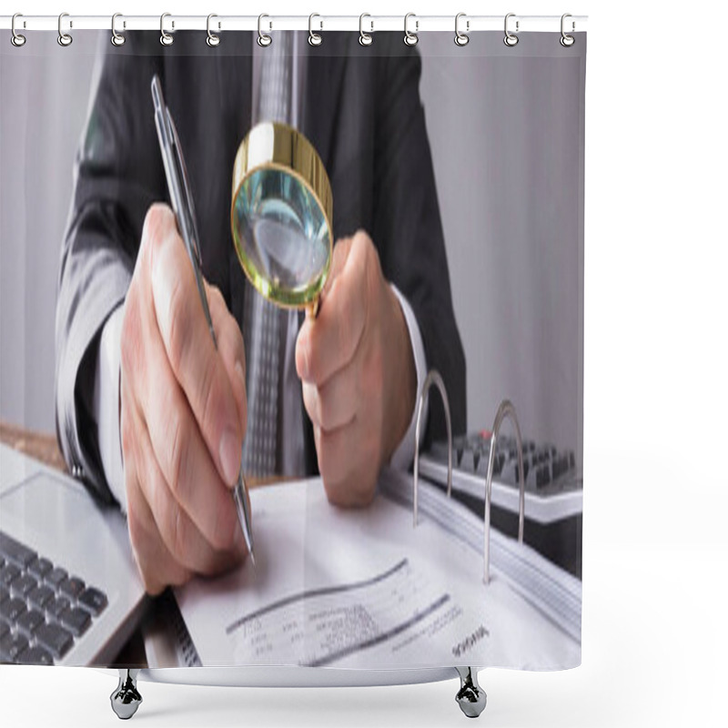 Personality  Close-up Of A Auditor's Hand Looking At Receipts Through Magnifying Glass At Workplace Shower Curtains