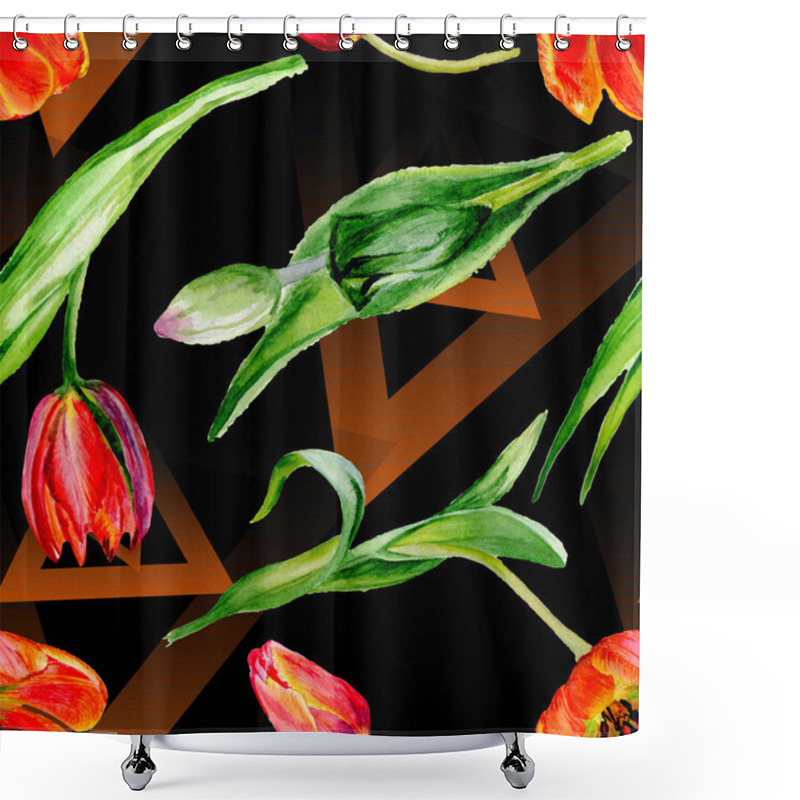 Personality  Amazing Red Tulip Flowers With Green Leaves. Hand Drawn Botanical Flowers. Watercolor Background Illustration. Seamless Pattern. Fabric Wallpaper Print Texture. Shower Curtains