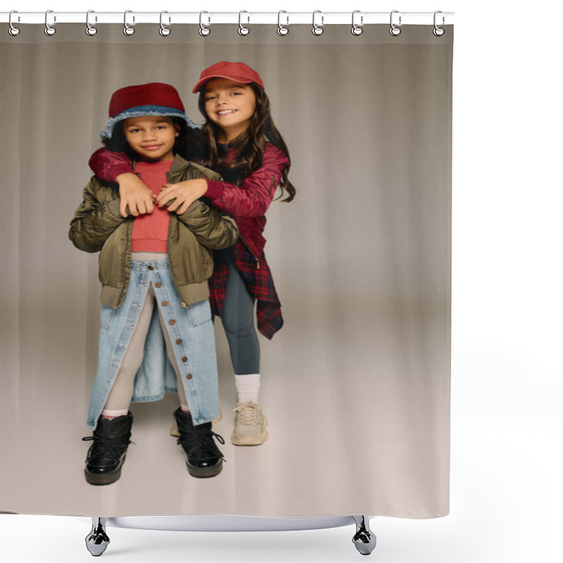 Personality  Two Girls Dressed In Warm, Stylish Outfits Share A Joyful Moment During Christmas Festivities. Shower Curtains