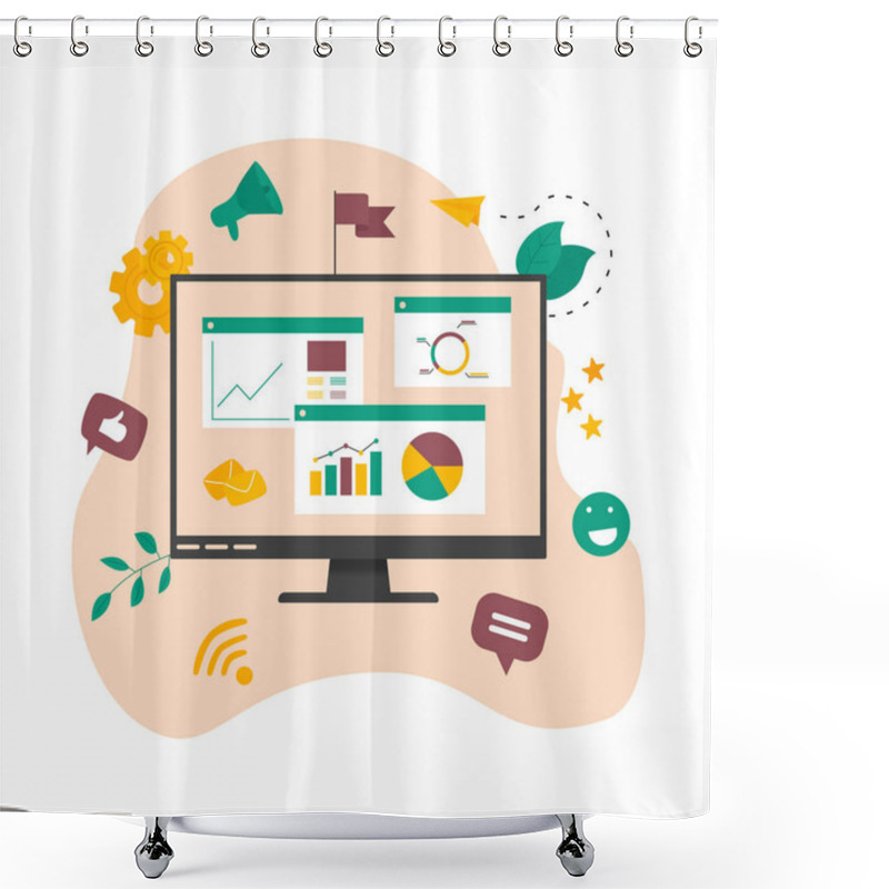 Personality  Concept Of Digital Online Marketing Agency. Seo And Data Analysis With Dashboard. Vector Illustration Shower Curtains