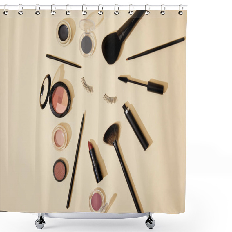 Personality  Top View Of Different Cosmetics Lying On Beige Surface Around False Eyelashes Shower Curtains