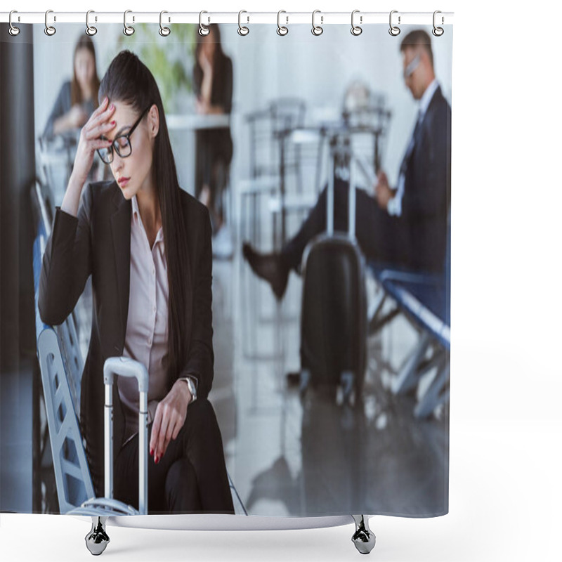 Personality  Tired Businesswoman Sitting In Departure Lounge At Airport Shower Curtains