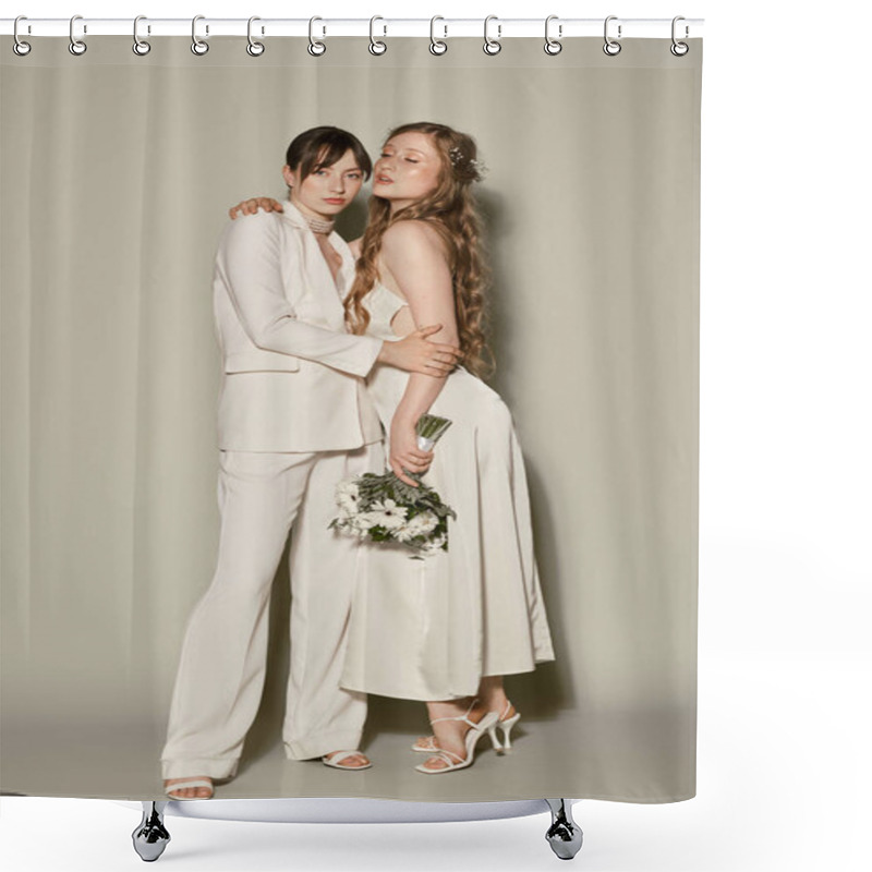 Personality  Two Women In White Attire Stand Close Together During Their Wedding Ceremony. Shower Curtains