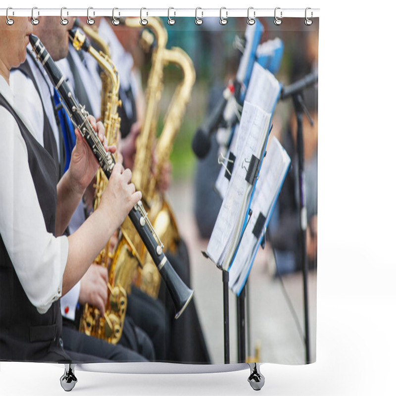 Personality  Selective Focus.  Musicians Playing In Outerwear On The Street Shower Curtains