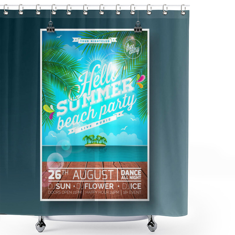 Personality  Vector Summer Beach Party Flyer Design With Typographic Elements And Palm Tree On Ocean Landscape Background. Shower Curtains