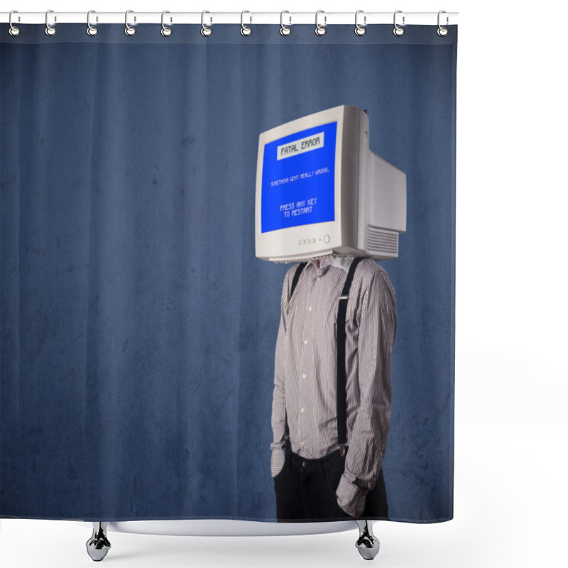 Personality  Person With A Monitor Head And Fatal Error Blue Screen On The Di Shower Curtains