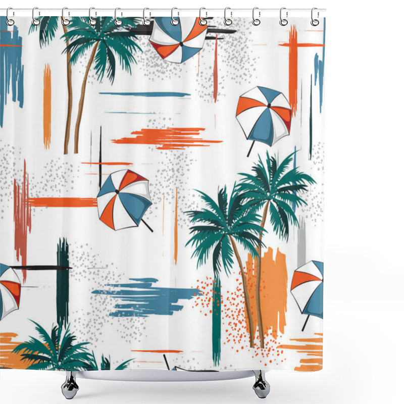 Personality  Colorful Brush Stroke Mixed With Beach Elements Umbrella Palm Trees ,island Seamless Pattern In Vector EOPS10.Design For Fashion,fabric,web,wallpaper,wrapping And All Prints On White Background. Shower Curtains