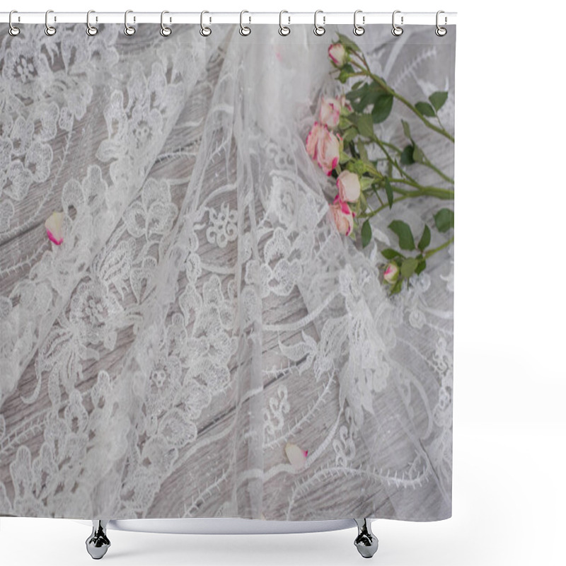 Personality  White Wooden Background With White Spring Flowers Roses And Lace Ribbon. Happy Womans Day. The Texture Of Lace On Wooden Background. Shower Curtains