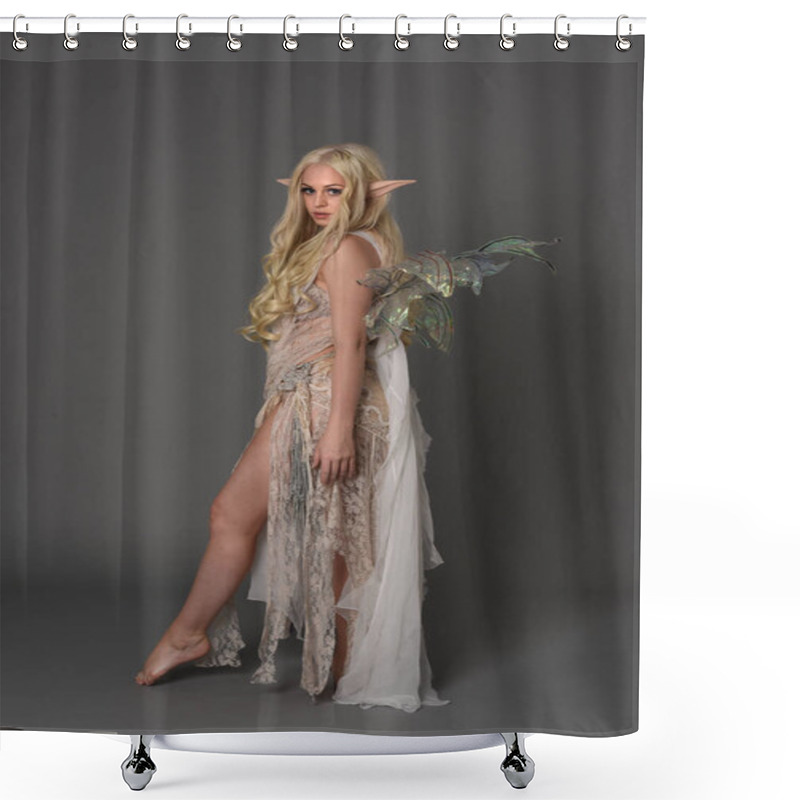 Personality  Full Length Portrait Of Blonder Wearing Fairy Costume, Standing Pose With Back To The Camera.  Grey Studio Background. Shower Curtains