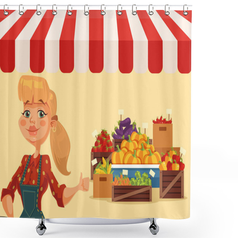 Personality  Farm Food Market. Woman Farmer. Fresh Food From Farm. Vegetables Shop. Vector Flat Cartoon Illustration Shower Curtains