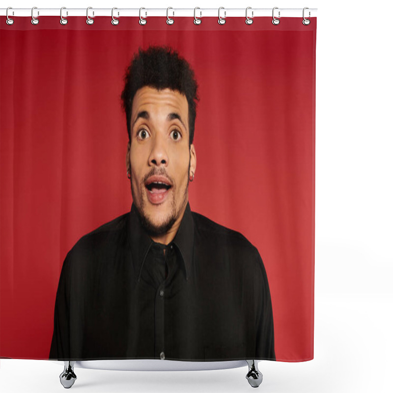 Personality  A Young Handsome Man Shows A Surprised Expression While Posing Against A Bright Red Background. Shower Curtains