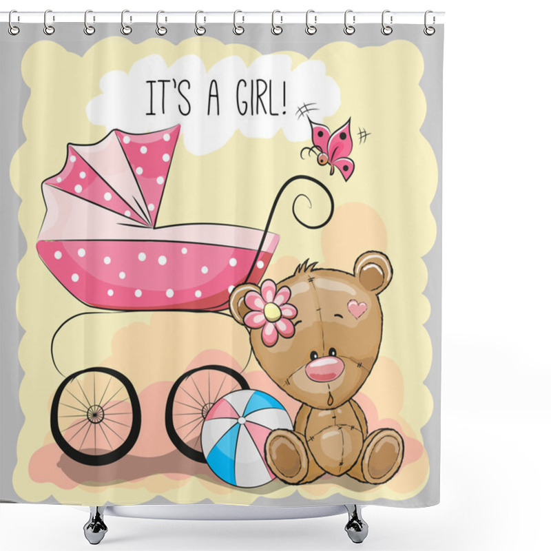 Personality  Teddy Bear With Baby Carriage Shower Curtains