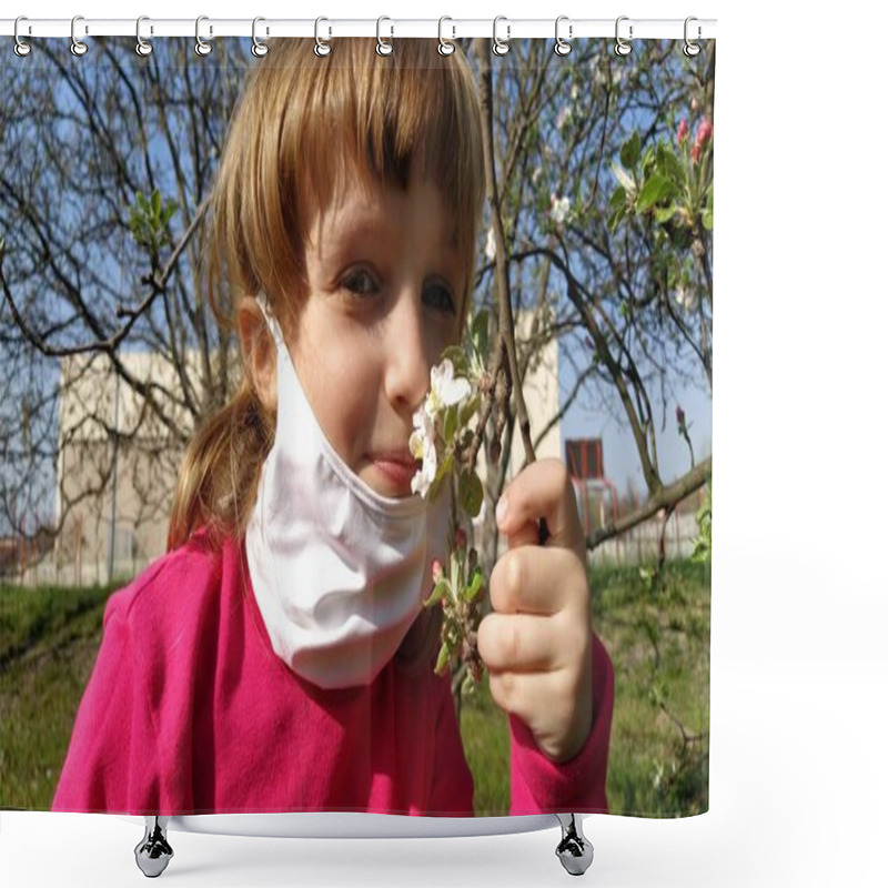 Personality  Cute White Girl Of 6 Years Old Takes Off A White Surgical Protective Mask And Sniffs Beautiful Fragrant Flowers On An Apple Tree. The Concept Of Recovery From A Serious Illness. Shower Curtains